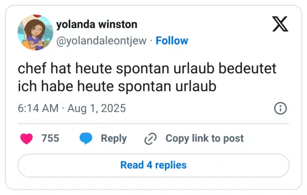 chef hat heute spontan urlaub bedeutet ich habe heute spontan urlaub