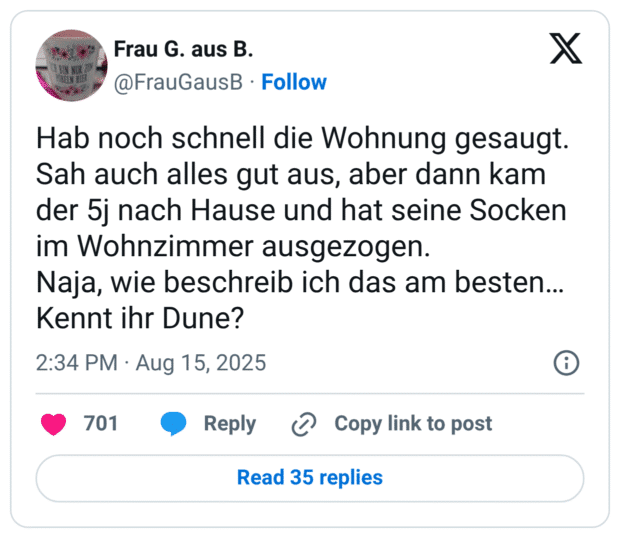 HIER Hab noch schnell die Wohnung gesaugt. Sah auch alles gut aus, aber dann kam der 5j nach Hause und hat seine Socken im Wohnzimmer ausgezogen. Naja, wie beschreib ich das am besten... Kennt ihr Dune
