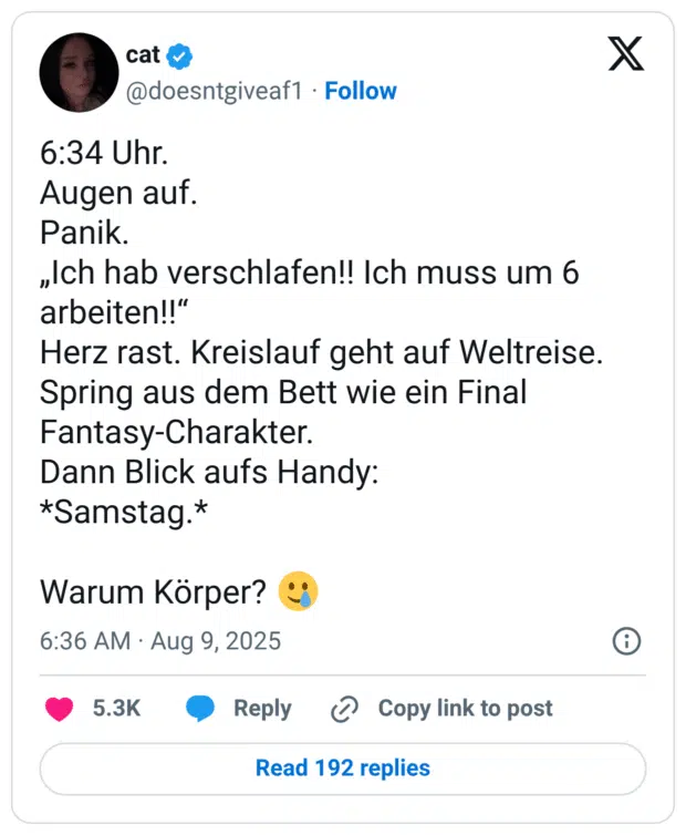 Augen auf. Panik. „Ich hab verschlafen!! Ich muss um 6 arbeiten!!" Herz rast. Kreislauf geht auf Weltreise. Spring aus dem Bett wie ein Final Fantasy-Charakter. Dann Blick aufs Handy: *Samstag.* Warum Körper?