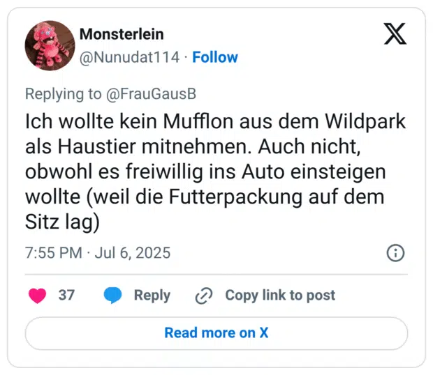Ich wollte kein Mufflon aus dem Wildpark als Haustier mitnehmen. Auch nicht, obwohl es freiwillig ins Auto einsteigen wollte (weil die Futterpackung auf dem Sitz lag