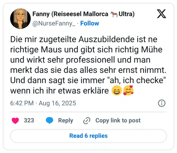 Die mir zugeteilte Auszubildende ist ne richtige Maus und gibt sich richtig Mühe und wirkt sehr professionell und man merkt das sie das alles sehr ernst nimmt. Und dann sagt sie immer "ah, ich checke" wenn ich ihr etwas erkläre 😄🥰