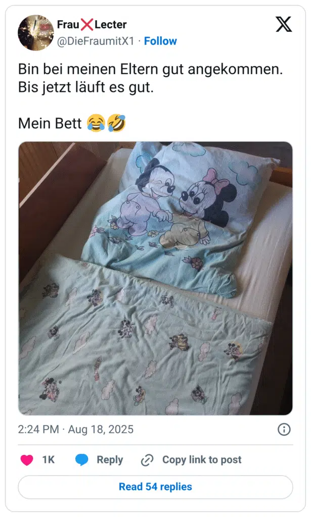 Bin bei meinen Eltern gut angekommen. Bis jetzt läuft es gut. Mein Bett