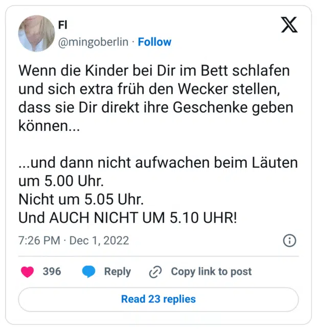 Wenn die Kinder bei Dir im Bett schlafen und sich extra früh den Wecker stellen, dass sie Dir direkt ihre Geschenke geben können... ...und dann nicht aufwachen beim Läuten um 5.00 Uhr. Nicht um 5.05 Uhr. Und AUCH NICHT UM 5.10 UHR!