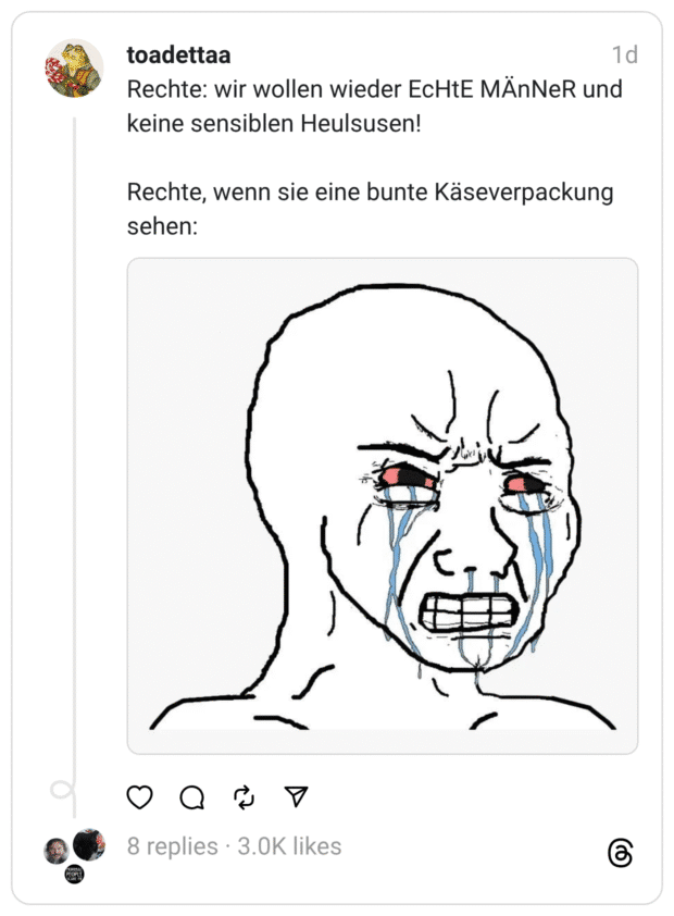 Rechte: wir wollen wieder EcHtE MÄnNeR und keine sensiblen Heulsusen! Rechte, wenn sie eine bunte Käseverpackung sehen: