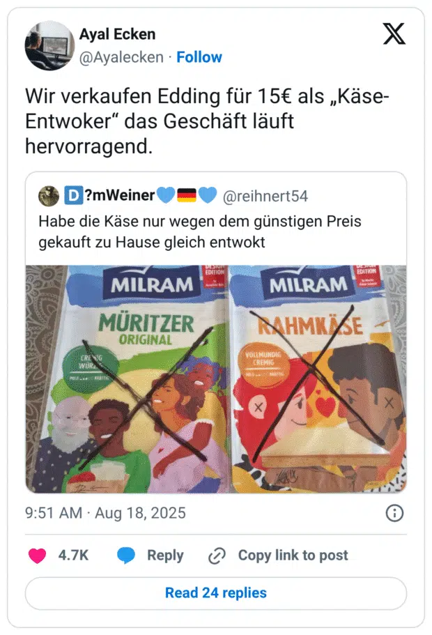 Wir verkaufen Edding für 15€ als „Käse- Entwoker" das Geschäft läuft hervorragend. D ?mWeiner = @reihnert54 Habe die Käse nur wegen dem günstigen Preis gekauft zu Hause gleich entwokt DIATON EDITION MILRAM MILRAM MÜRITZER ORIGINAL AAHMKÜSE CREMIG WURZ MILD -AO7 KRAFTIG VOLLMUNDIG CREMIG MILD SANTO KRAFTIG