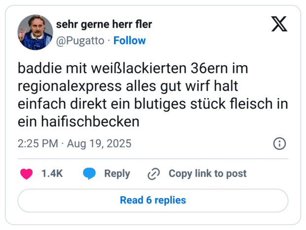 baddie mit weißlackierten 36ern im regionalexpress alles gut wirf halt einfach direkt ein blutiges stück fleisch in ein haifischbecken