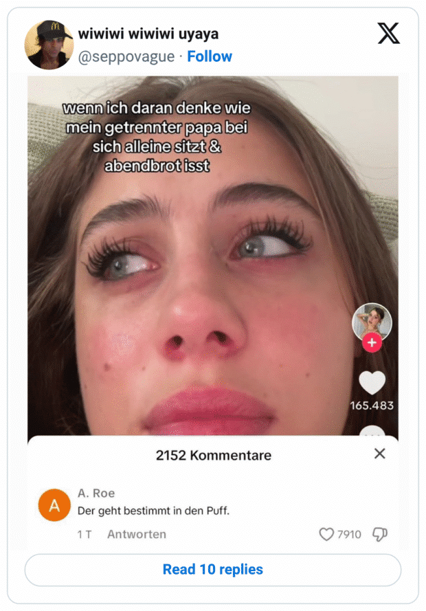 Tweet-Screenshot. Großes Nahaufnahme-Video einer jungen Frau mit roten Augen; Text im Bild: „wenn ich daran denke wie mein getrennter papa bei sich alleine sitzt & abendbrot isst“. Unten blendet TikTok die Kommentarsektion ein; Top-Kommentar: „Der geht bestimmt in den Puff.“ Kontrast zwischen rührender Aussage und derbrer, nüchterner Kommentar-Pointe.