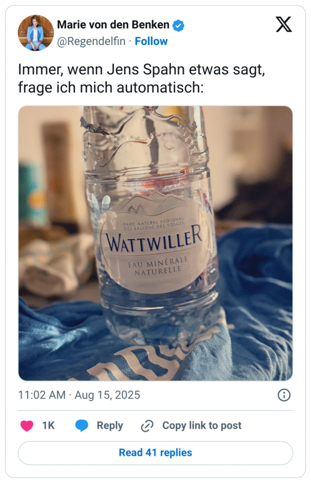 Tweet: „Immer, wenn Jens Spahn etwas sagt, frage ich mich automatisch:“. Darunter ein Foto einer Mineralwasserflasche der Marke „Wattwiller“. Der Markenname klingt wie „wat will er?“ – Anspielung darauf, dass man sich bei Spahn häufig fragt: „Was will er?“.