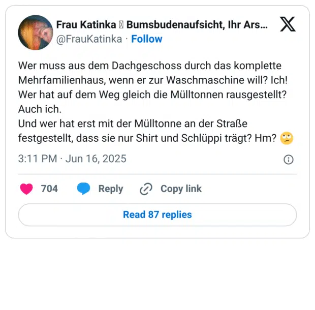 Wer muss aus dem Dachgeschoss durch das komplette Mehrfamilienhaus, wenn er zur Waschmaschine will? Ich! Wer hat auf dem Weg gleich die Mülltonnen rausgestellt? Auch ich. Und wer hat erst mit der Mülltonne an der Straße festgestellt, dass sie nur Shirt und Schlüppi trägt? Hm? :gesicht_verdreht_augen: