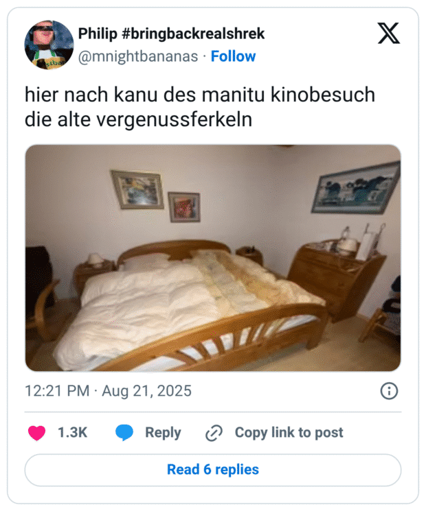 Tweet mit dem Text „hier nach kanu des manitu kinobesuch die alte vergenussferkeln“. Foto eines rustikalen Schlafzimmers: großes Holzbett mit dicker Decke, zwei Nachttische, geschwungene Holzkommode, gerahmte Bilder an der Wand.
