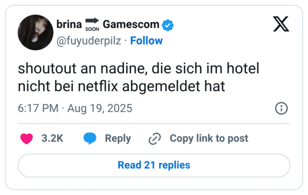 shoutout an nadine, die sich im hotel nicht bei netflix abgemeldet hat
