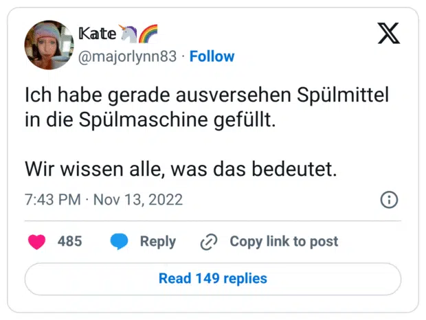 Ich habe gerade ausversehen Spülmittel in die Spülmaschine gefüllt. Wir wissen alle, was das bedeutet.