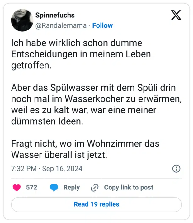 Ich habe wirklich schon dumme Entscheidungen in meinem Leben getroffen. Aber das Spülwasser mit dem Spüli drin noch mal im Wasserkocher zu erwärmen, weil es zu kalt war, war eine meiner dümmsten Ideen. Fragt nicht, wo im Wohnzimmer das Wasser überall ist jetzt.