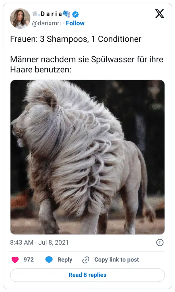 Frauen: 3 Shampoos, 1 Conditioner Männer nachdem sie Spülwasser für ihre Haare benutzen: