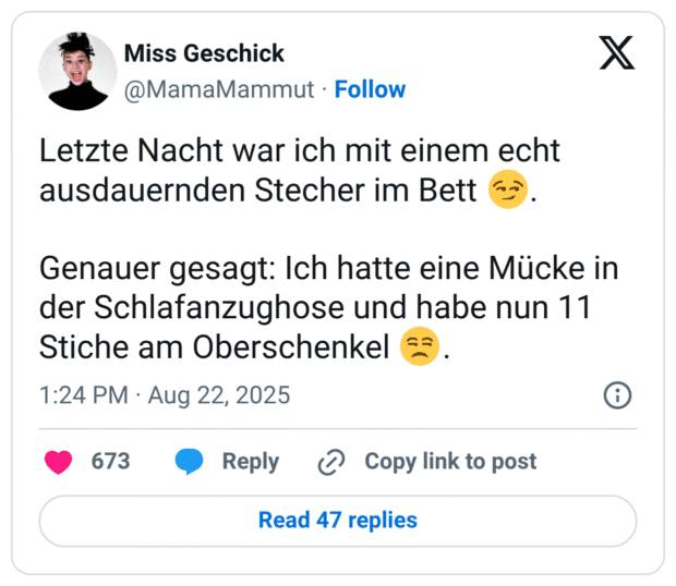 Letzte Nacht war ich mit einem echt ausdauernden Stecher im Bett 😏. Genauer gesagt: Ich hatte eine Mücke in der Schlafanzughose und habe nun 11 Stiche am Oberschenkel 😒.