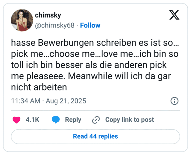 hasse Bewerbungen schreiben es ist so…pick me…choose me…love me…ich bin so toll ich bin besser als die anderen pick me pleaseee. Meanwhile will ich da gar nicht arbeiten