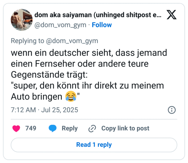 wenn ein deutscher sieht, dass jemand einen Fernseher oder andere teure Gegenstände trägt: "super, den könnt ihr direkt zu meinem Auto bringen 😂"