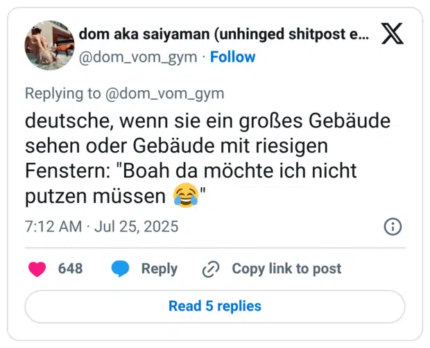 deutsche, wenn sie ein großes Gebäude sehen oder Gebäude mit riesigen Fenstern: "Boah da möchte ich nicht putzen müssen 😂"
