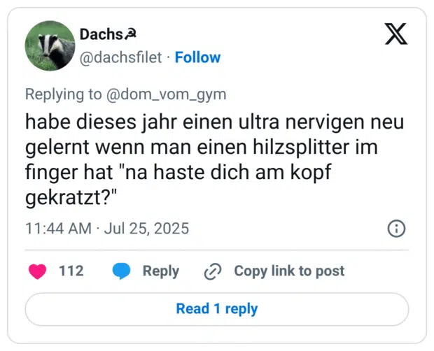 habe dieses jahr einen ultra nervigen neu gelernt wenn man einen hilzsplitter im finger hat "na haste dich am kopf gekratzt?"