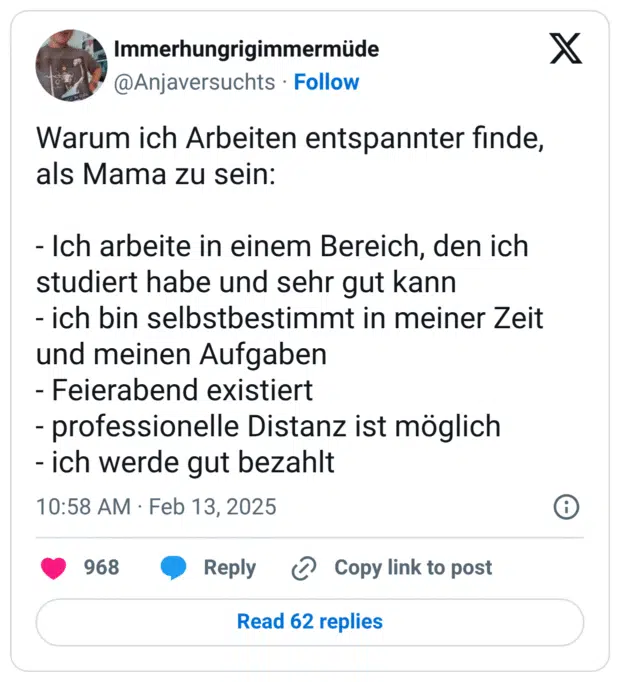 Warum ich Arbeiten entspannter finde, als Mama zu sein: - Ich arbeite in einem Bereich, den ich studiert habe und sehr gut kann - ich bin selbstbestimmt in meiner Zeit und meinen Aufgaben - Feierabend existiert - professionelle Distanz ist möglich - ich werde gut bezahlt