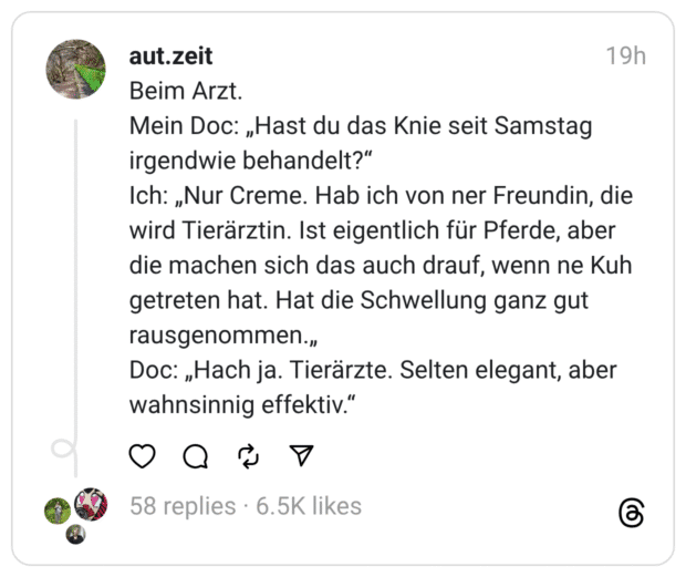 Beim Arzt. Mein Doc: „Hast du das Knie seit Samstag irgendwie behandelt?“ Ich: „Nur Creme. Hab ich von ner Freundin, die wird Tierärztin. Ist eigentlich für Pferde, aber die machen sich das auch drauf, wenn ne Kuh getreten hat. Hat die Schwellung ganz gut rausgenommen.„ Doc: „Hach ja. Tierärzte. Selten elegant, aber wahnsinnig effektiv.“