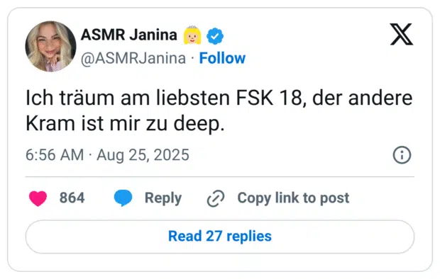 Ich träum am liebsten FSK 18, der andere Kram ist mir zu deep.