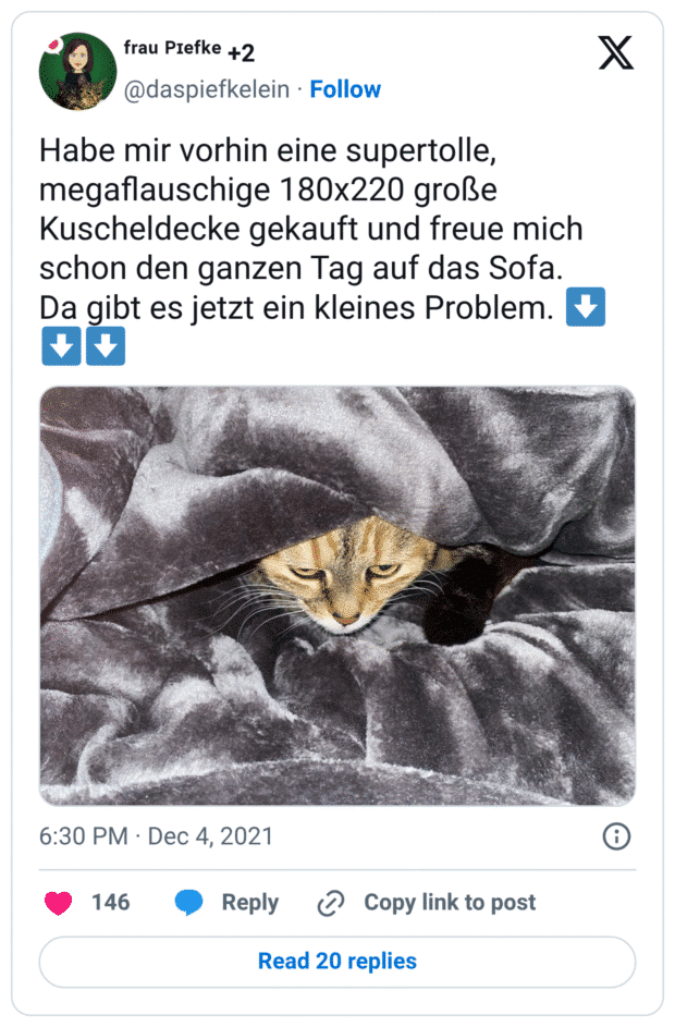 Habe mir vorhin eine supertolle, megaflauschige 180x220 große Kuscheldecke gekauft und freue mich schon den ganzen Tag auf das Sofa. Da gibt es jetzt ein kleines Problem. ⬇️⬇️⬇️