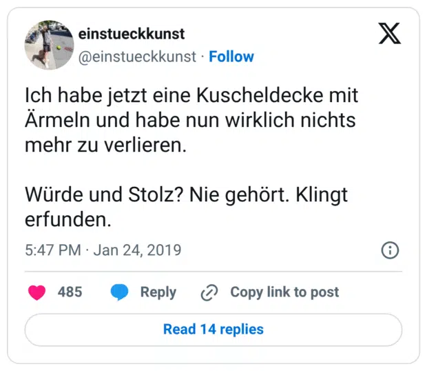 Ich habe jetzt eine Kuscheldecke mit Ärmeln und habe nun wirklich nichts mehr zu verlieren. Würde und Stolz? Nie gehört. Klingt erfunden.
