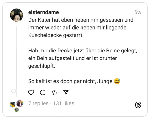 Der Kater hat eben neben mir gesessen und immer wieder auf die neben mir liegende Kuscheldecke gestarrt. Hab mir die Decke jetzt über die Beine gelegt, ein Bein aufgestellt und er ist drunter geschlüpft. So kalt ist es doch gar nicht, Junge 😅