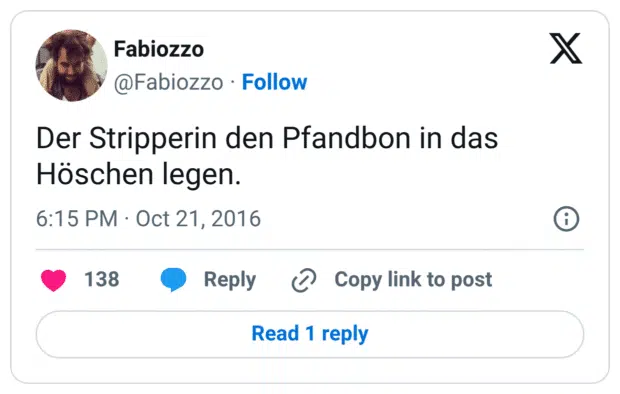 Der Stripperin den Pfandbon in das Höschen legen.