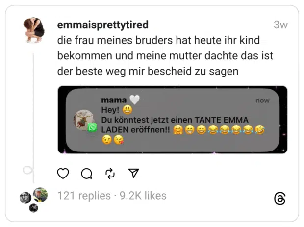 die frau meines bruders hat heute ihr kind bekommen und meine mutter dachte das ist der beste weg mir bescheid zu sagen