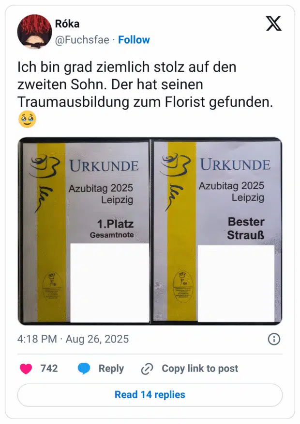 Ich bin grad ziemlich stolz auf den zweiten Sohn. Der hat seinen Traumausbildung zum Florist gefunden. 🥹