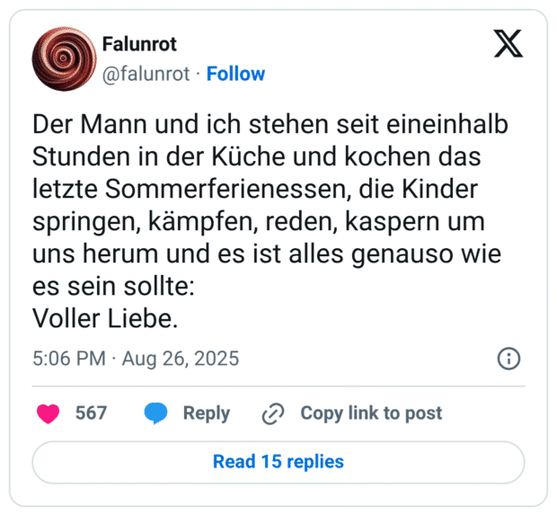 Der Mann und ich stehen seit eineinhalb Stunden in der Küche und kochen das letzte Sommerferienessen, die Kinder springen, kämpfen, reden, kaspern um uns herum und es ist alles genauso wie es sein sollte: Voller Liebe.