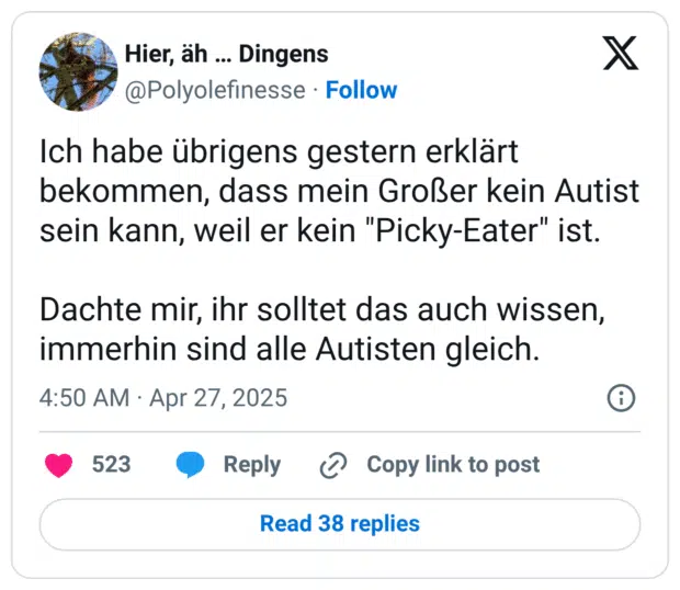 Ich habe übrigens gestern erklärt bekommen, dass mein Großer kein Autist sein kann, weil er kein "Picky-Eater" ist. Dachte mir, ihr solltet das auch wissen, immerhin sind alle Autisten gleich.