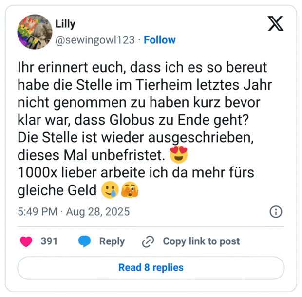 Ihr erinnert euch, dass ich es so bereut habe die Stelle im Tierheim letztes Jahr nicht genommen zu haben kurz bevor klar war, dass Globus zu Ende geht? Die Stelle ist wieder ausgeschrieben, dieses Mal unbefristet. 😍 1000x lieber arbeite ich da mehr fürs gleiche Geld 🥲🫣