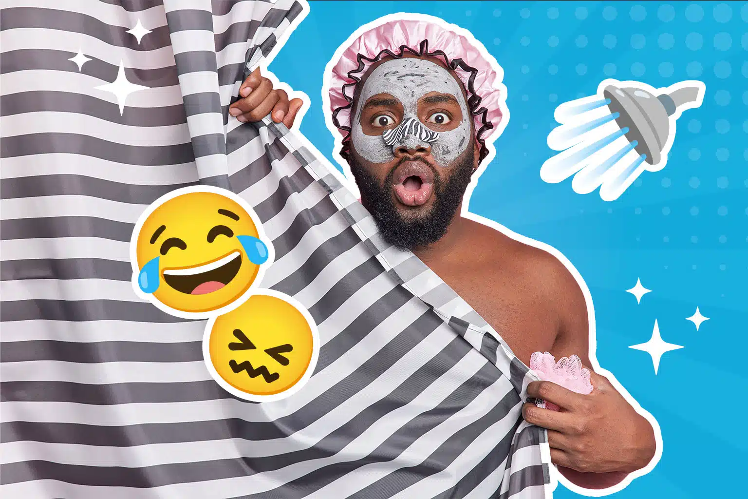 Eine überraschte Person mit Duschhaube und Gesichtsmaske lugt hinter einem gestreiften Duschvorhang hervor. Drumherum schweben Emojis sowie weiße Sterne auf blauem Farbverlauf.