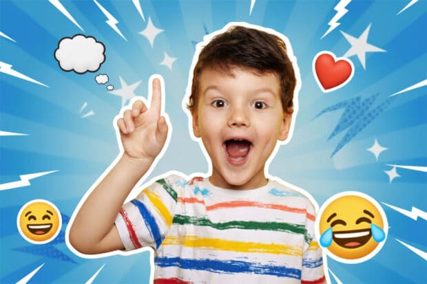 Ein begeisterter kleiner Junge mit einem Fingerzeig nach oben und offenem Mund, umgeben von einem Pop-art Hintergrund.