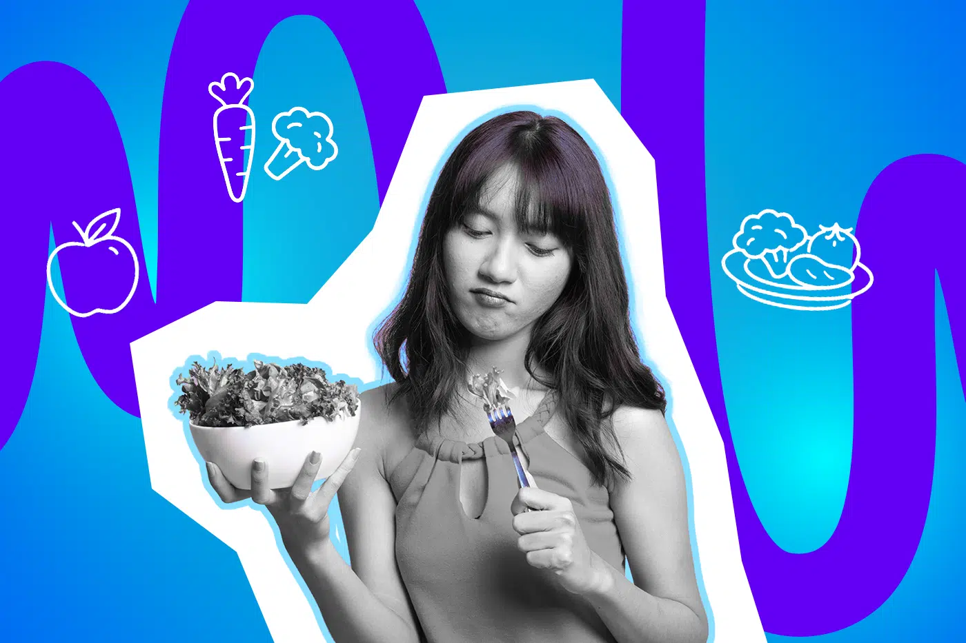 Eine junge Frau blickt skeptisch auf eine Schüssel Salat und eine Gabel. Das Bild steht für gesunde Ernährung und innere Überwindung.