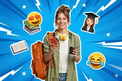 Studentin mit Kaffee in der Hand, umgeben von einem Pop-Art Hintergrund.