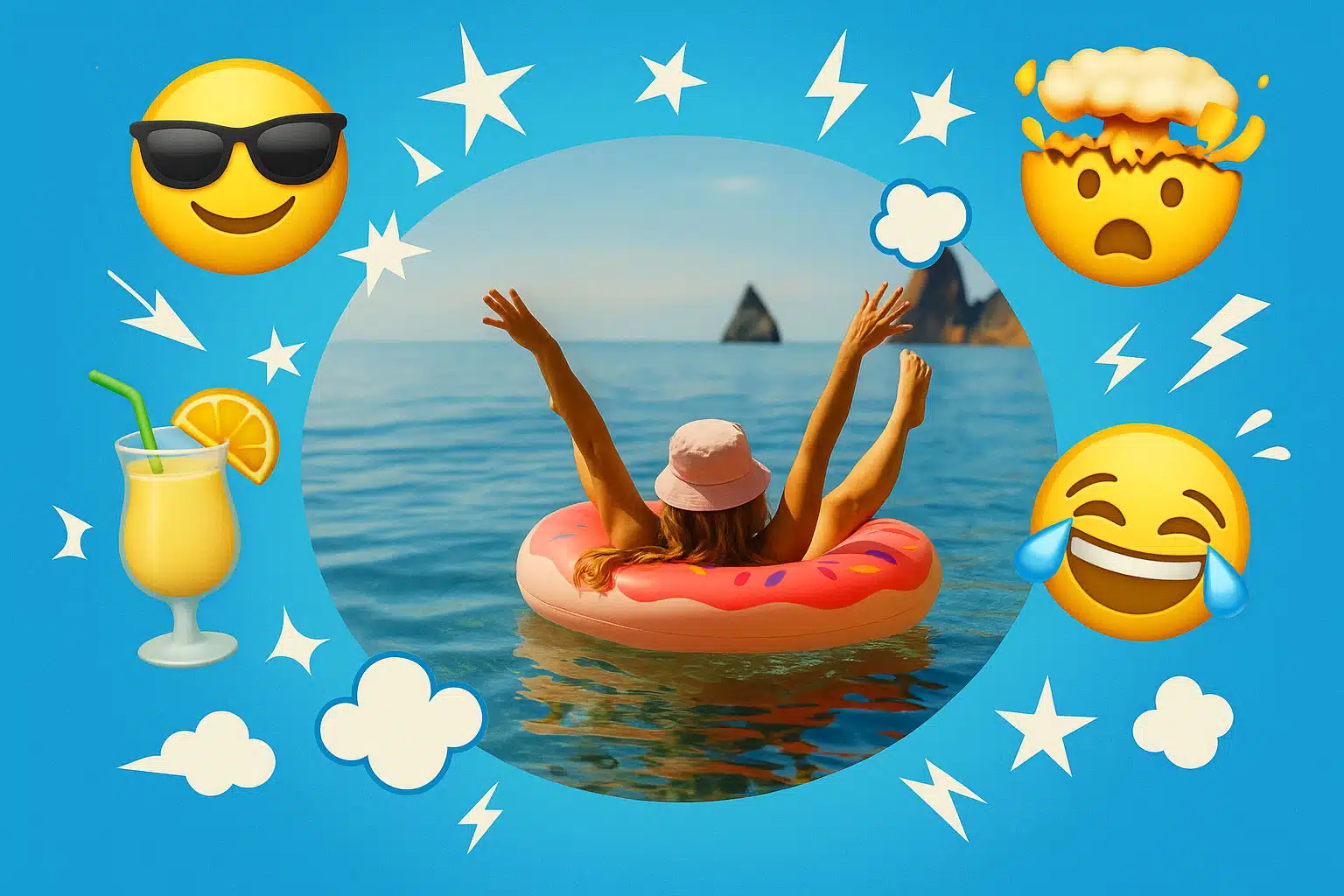 Eine bunte Collage zeigt eine Person, die entspannt in einem Donut-Schwimmring auf dem Meer liegt und Arme sowie Beine in die Luft streckt. Um das Bild schweben lachende und überraschte Emojis, eine Sonnenbrille-Sonne, ein Cocktailglas sowie weiße Comic-Blitze, Sterne und Wolken. Die Szene wirkt spielerisch und ironisch wie eine Fantasie vom exklusiven Erwachsenenstrand.