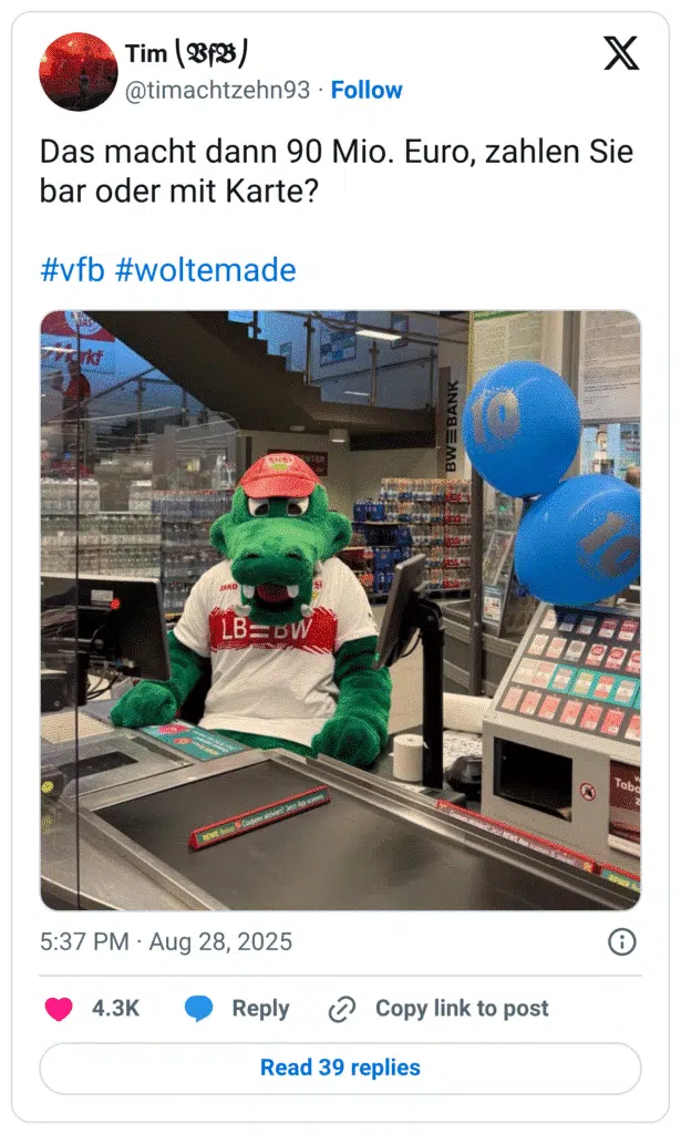 Das macht dann 90 Mio. Euro, zahlen Sie bar oder mit Karte? #vfb #woltemade