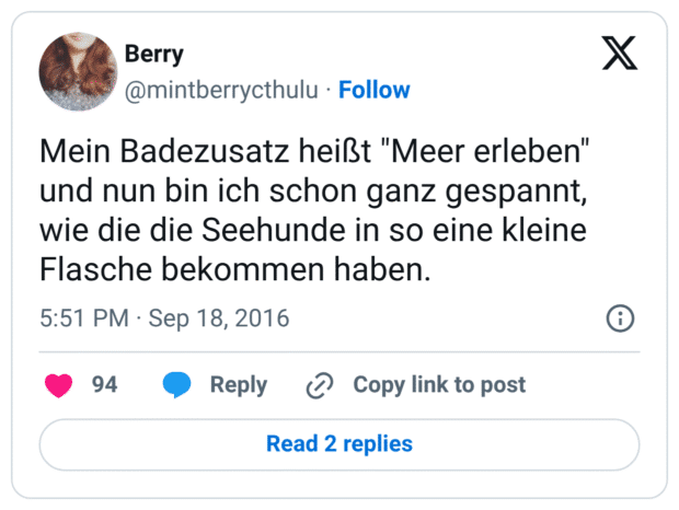 Mein Badezusatz heißt "Meer erleben" und nun bin ich schon ganz gespannt, wie die die Seehunde in so eine kleine Flasche bekommen haben.