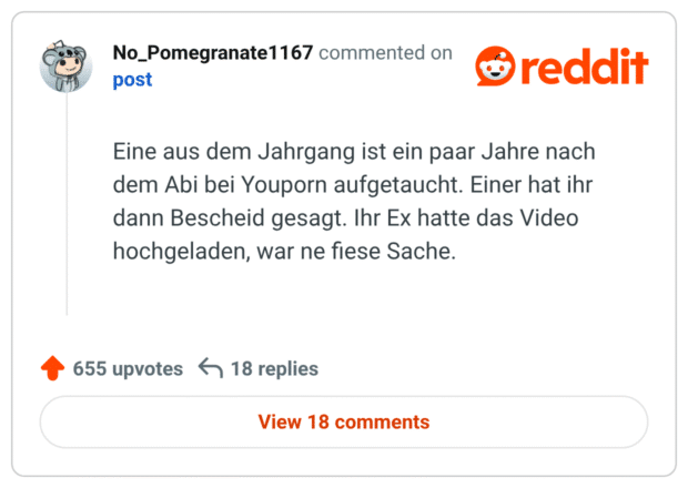 Eine aus dem Jahrgang ist ein paar Jahre nach dem Abi bei Youporn aufgetaucht. Einer hat ihr dann Bescheid gesagt. Ihr Ex hatte das Video hochgeladen, war ne fiese Sache.