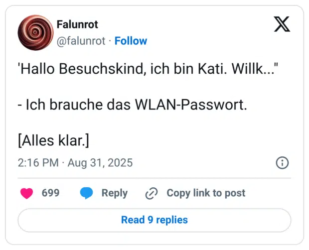 'Hallo Besuchskind, ich bin Kati. Willk... - Ich brauche das WLAN-Passwort. [Alles klar.]