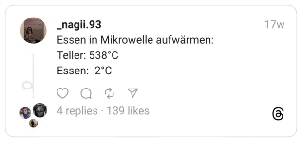 Essen in Mikrowelle aufwärmen: Teller: 538°C Essen: -2°C