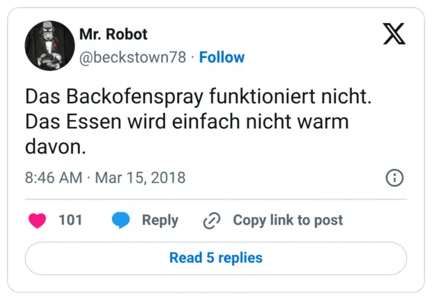 Das Backofenspray funktioniert nicht. Das Essen wird einfach nicht warm davon.