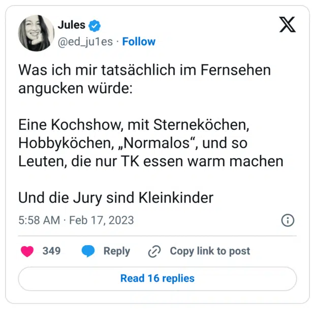 Was ich mir tatsächlich im Fernsehen angucken würde: Eine Kochshow, mit Sterneköchen, Hobbyköchen, „Normalos“, und so Leuten, die nur TK essen warm machen Und die Jury sind Kleinkinder