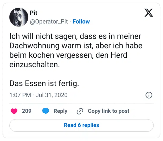 Ich will nicht sagen, dass es in meiner Dachwohnung warm ist, aber ich habe beim kochen vergessen, den Herd einzuschalten. Das Essen ist fertig.