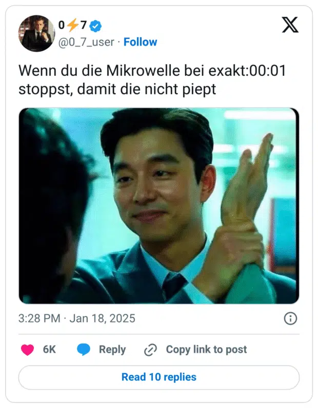 Wenn du die Mikrowelle bei exakt:00:01 stoppst, damit die nicht piept