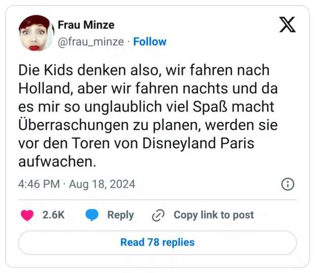Die Kids denken also, wir fahren nach Holland, aber wir fahren nachts und da es mir so unglaublich viel Spaß macht Überraschungen zu planen, werden sie vor den Toren von Disneyland Paris aufwachen.